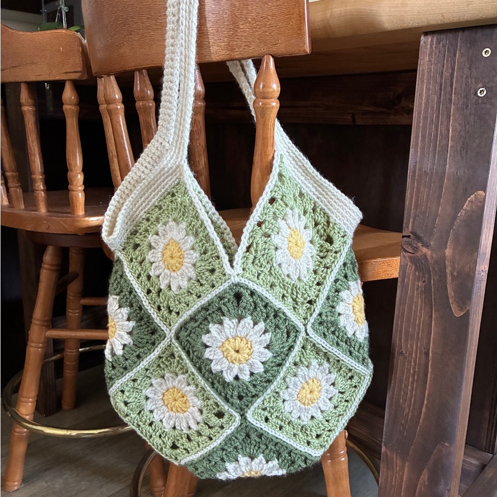 Handmade Green Crochet Bag with Floral Design